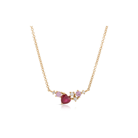 14K Rose Gold Ruby Heart, with Fancy Shape Pink Sapphires and Diamonds Necklace
