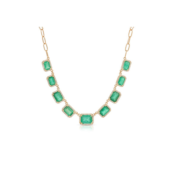 14K Yellow Gold Multiple Emerald and Diamond Chain Link Necklace