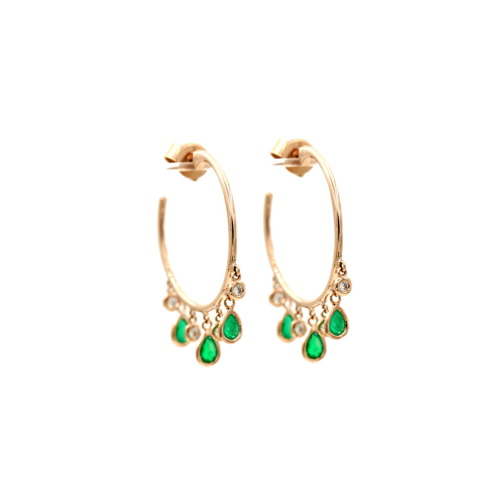 14k Rose Gold Multiple Emerald and Diamond Drops 1 Inch Hoops