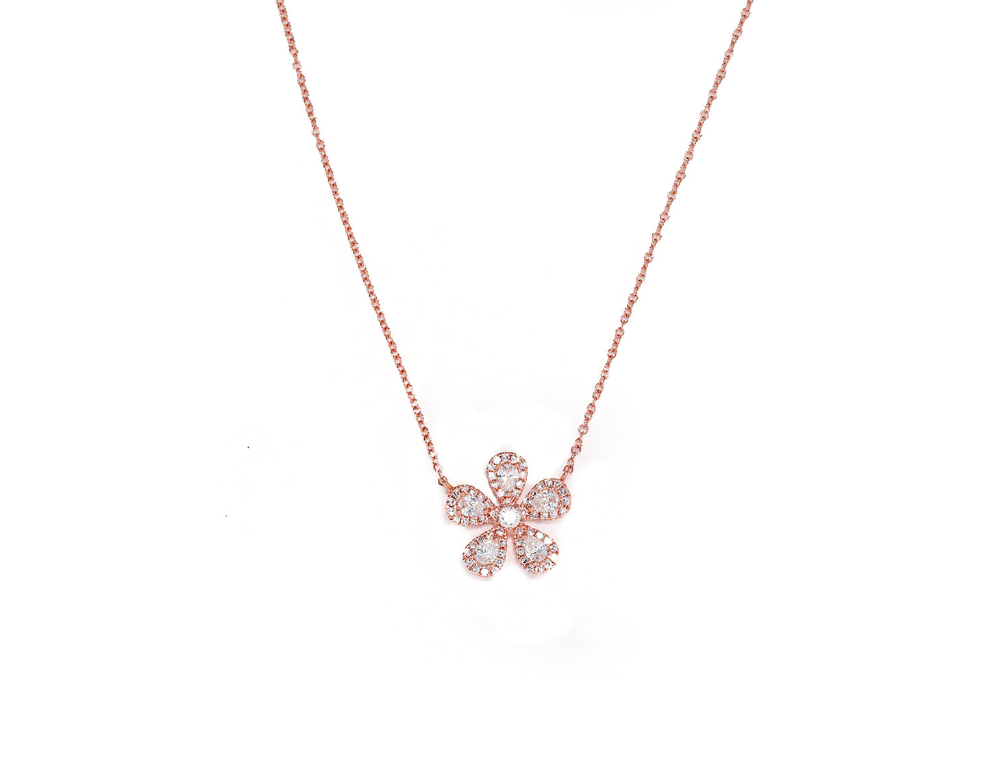 14K Rose Gold Diamond and Diamond Pave Flower Necklace