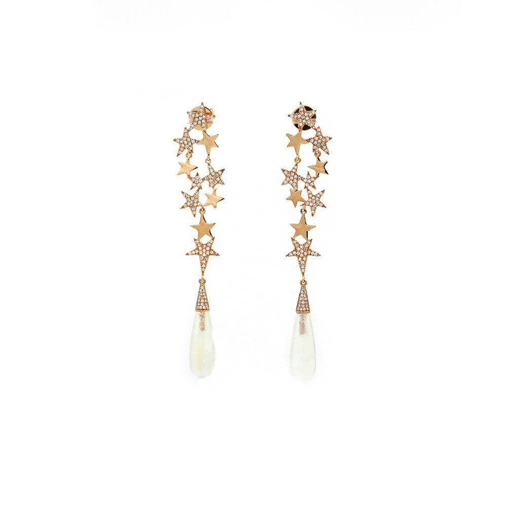 14K T Rose Gold Diamond Pave and Diamond Star Cluster Moonstone Drop Earrings