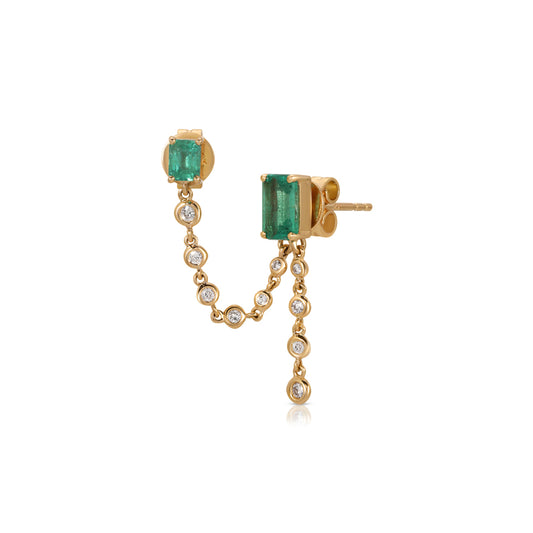 14K Rose Gold Double Emerald cut Emerald Studs with Hanging Diamond Chain