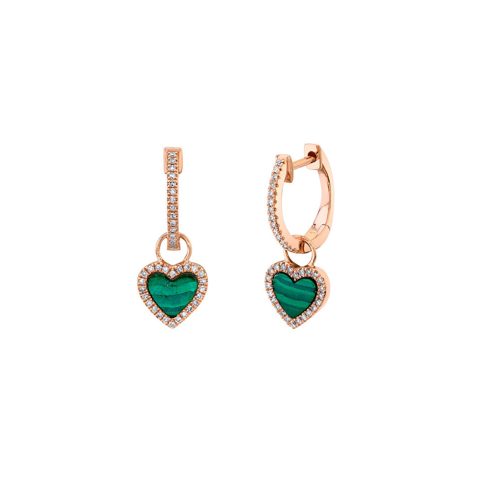 14K Rose Gold Diamond pave Huggy with Diamond and Malachite Detachable Heart