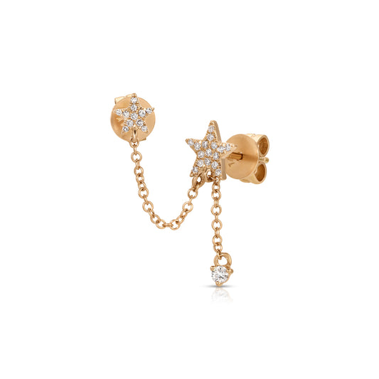 14K Rose Gold Double Pave Diamond Star Studs with Hanging Chain and Diamond Drop
