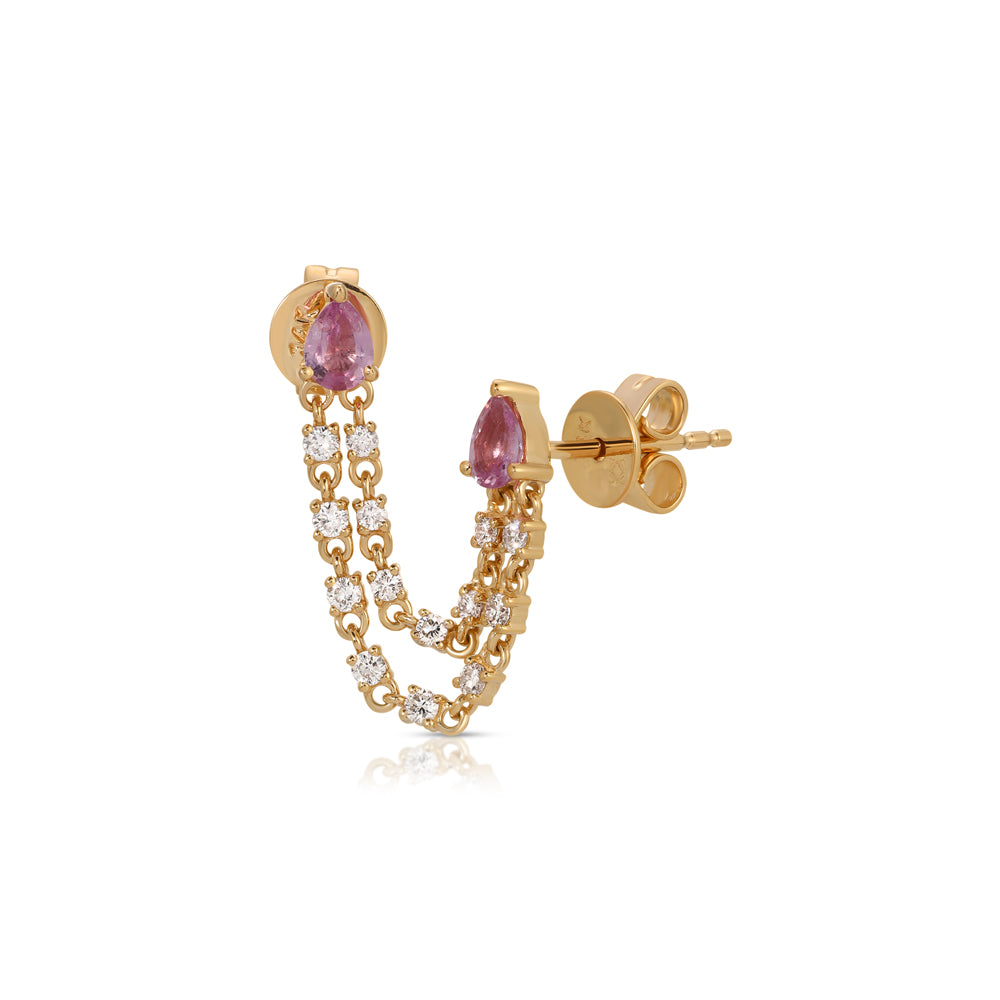 14k Rose Gold Double Pink Sapphire Pear shape studs with double row hanging diamond chain