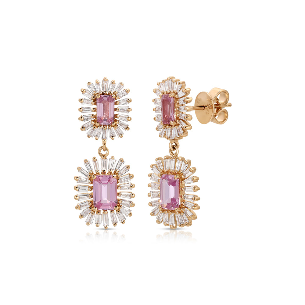 14K Rose Gold Emerald Cut Pink Sapphires and Diamond baguettes Double Drop earrings