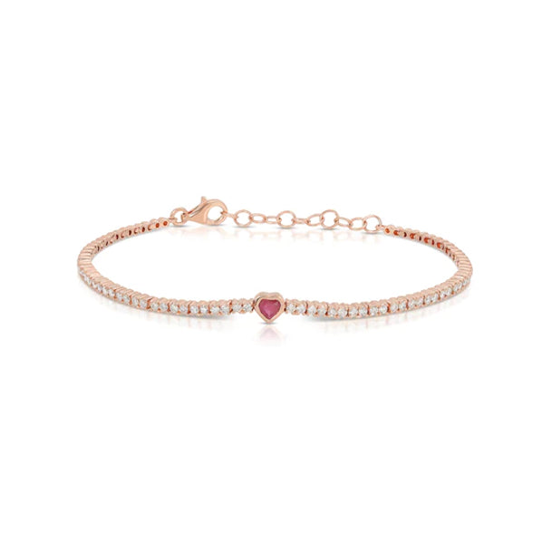 14K Rose Gold Diamond Bracelet with Ruby Heart