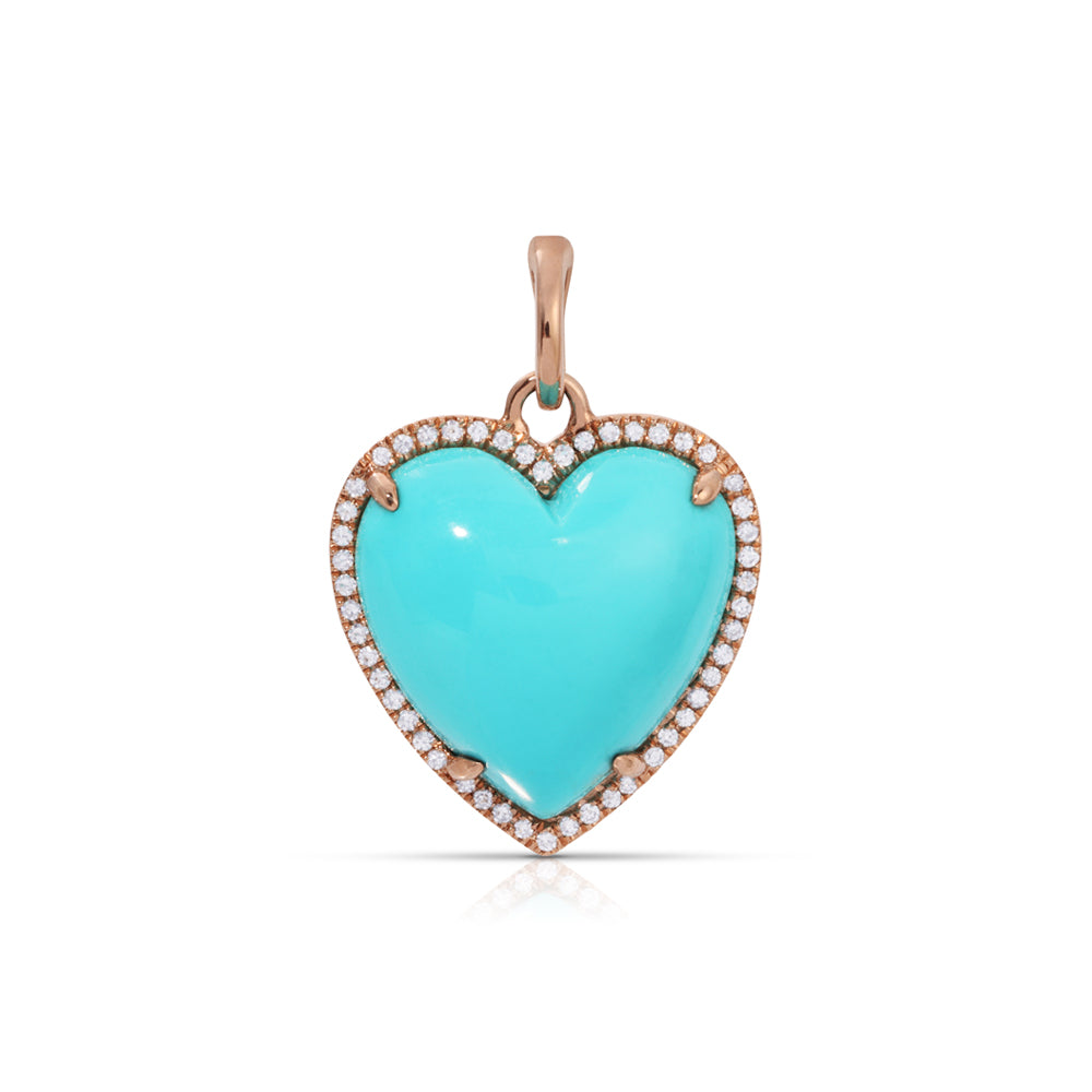 14K Rose Gold Diamond Pave and Turquoise Detachable Heart Charm Heart Pendant