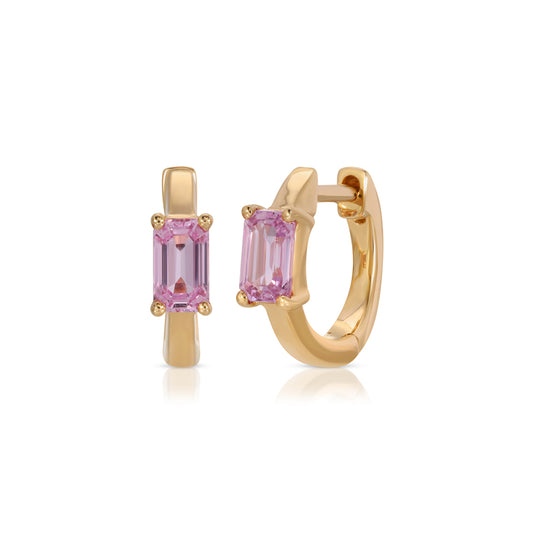 14K Rose Gold and Emerald Cut Pink Sapphire Huggy