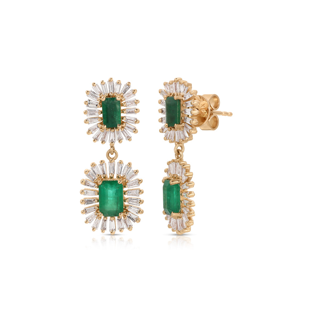 14K Rose Gold Emerald and Diamond Baguettes Double Drop Earrings