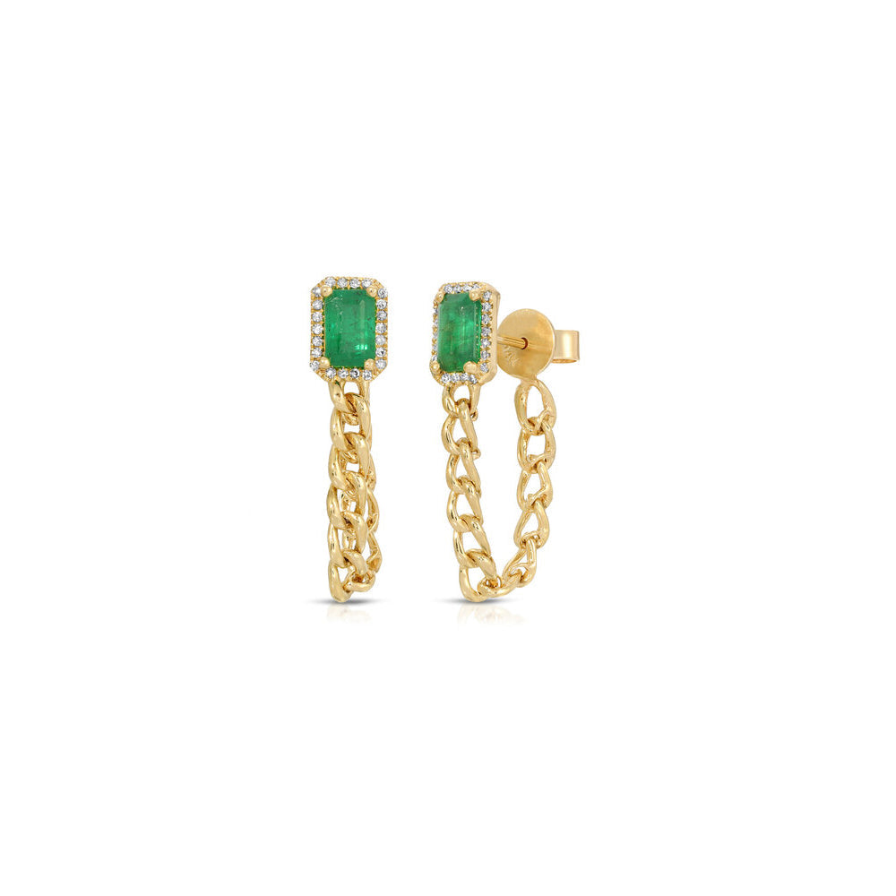 14K Yellow Gold Emerald and Diamond Chain Link Earring