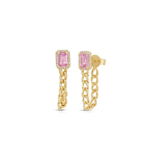 14K Yellow Gold Pink Sapphire and Diamond Pave Chain Link Earring