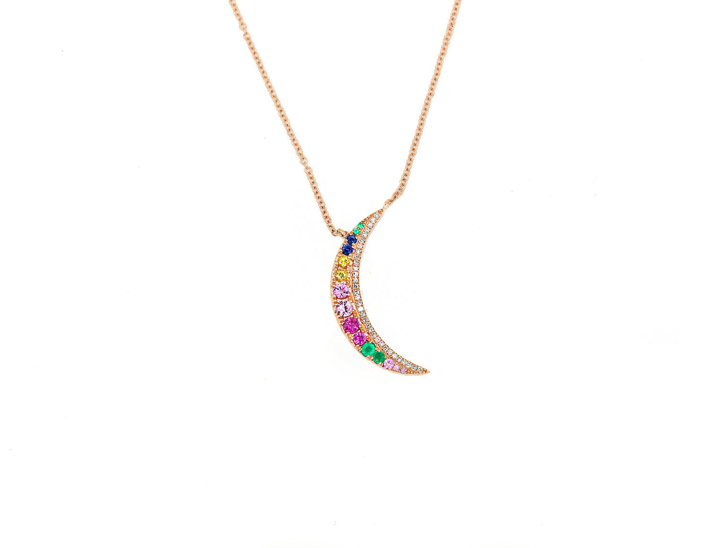 14k rose gold rainbow sapphire moon  necklace