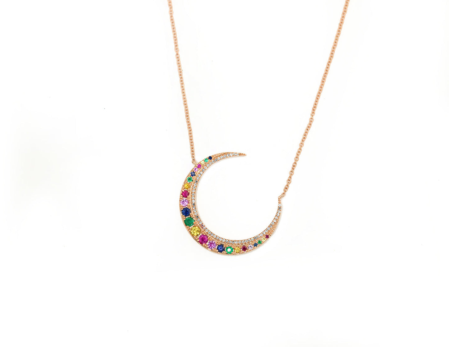 14k Rose Gold Rainbow Sapphire Crescent Necklace