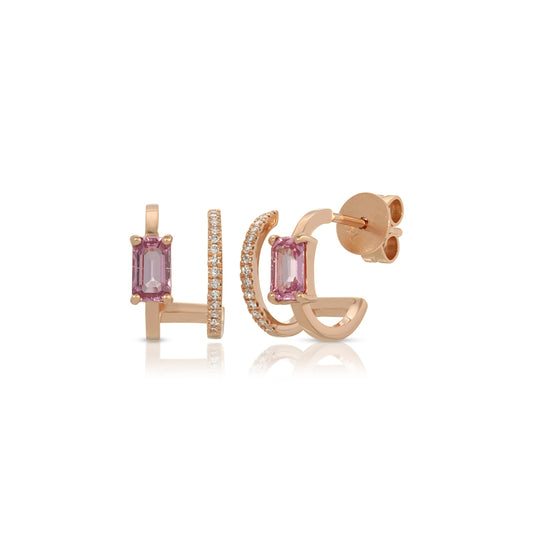 14K Rose Gold Pink Sapphire and Diamond Pave Split Huggy