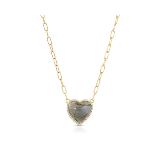 14K Yellow Gold Paperclip Chain Necklace With Labradorite And Diamond pave Heart