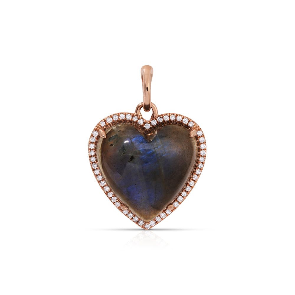 14K Rose Gold Diamond Pave and Labradorite Detachable Heart Charm Pendant