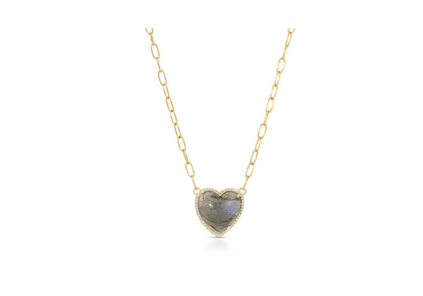 14K Yellow Gold Paperclip Chain Necklace With Labradorite And Diamond pave Heart