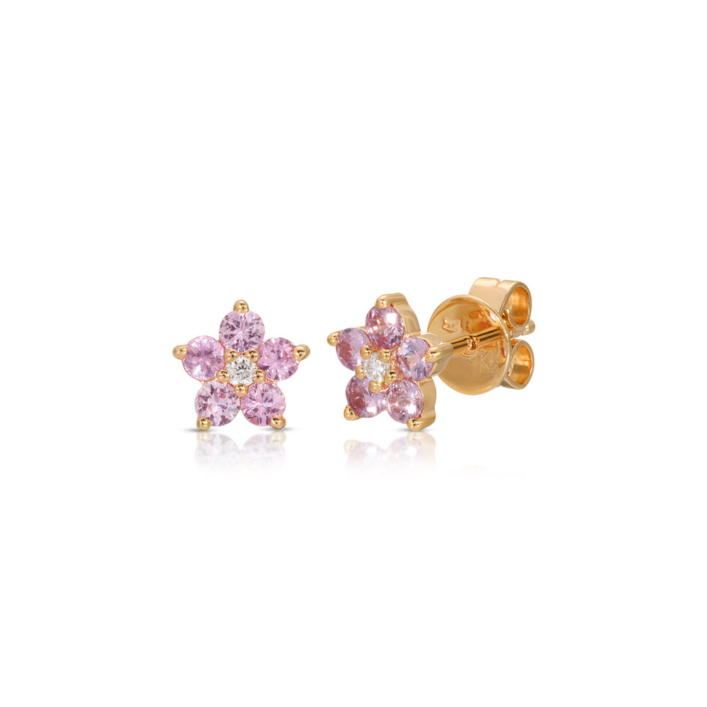 14K Rose Gold Pink Sapphire and Diamond Flower Studs