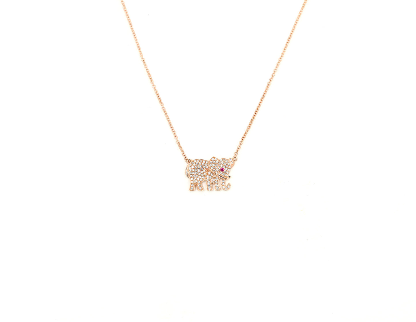 14k rose gold and ruby eye diamond pave elephant