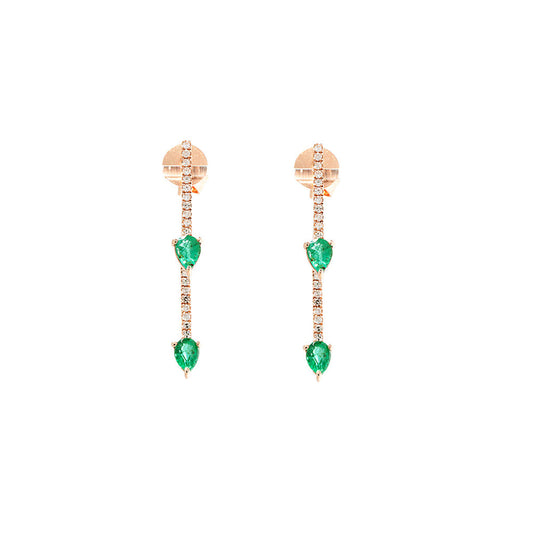 14K Rose Gold Diamond Pave &amp; Emerald Front Back Straight Line Earring