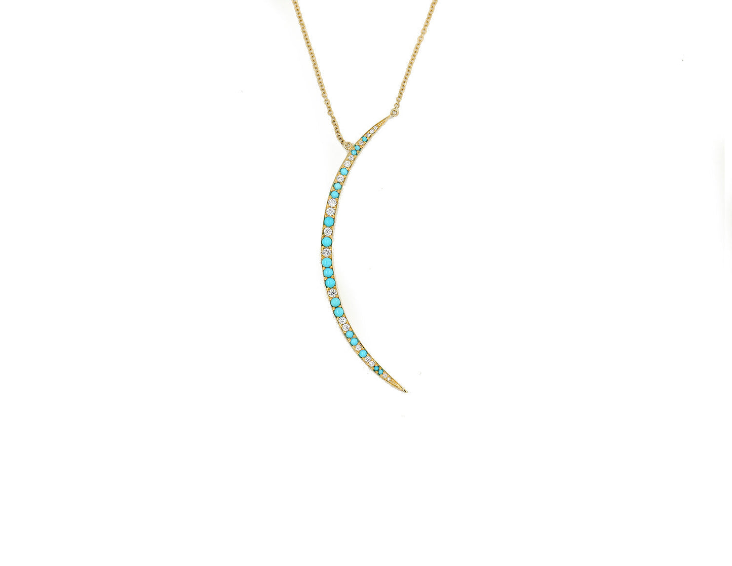 14k Yellow Gold Diamond and Turquoise Crescent Necklace