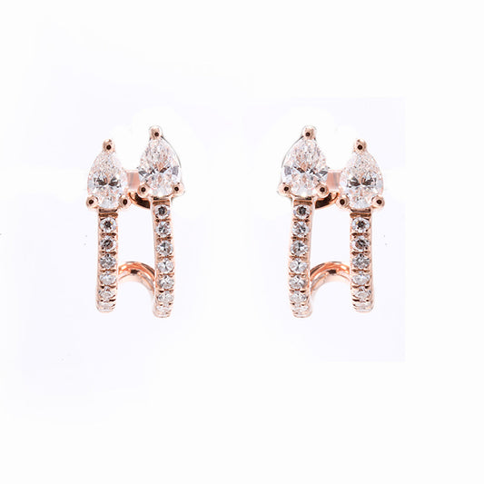 14K Rose Gold Diamond Pave Double Row and Double Pear Shape Diamond Earrings