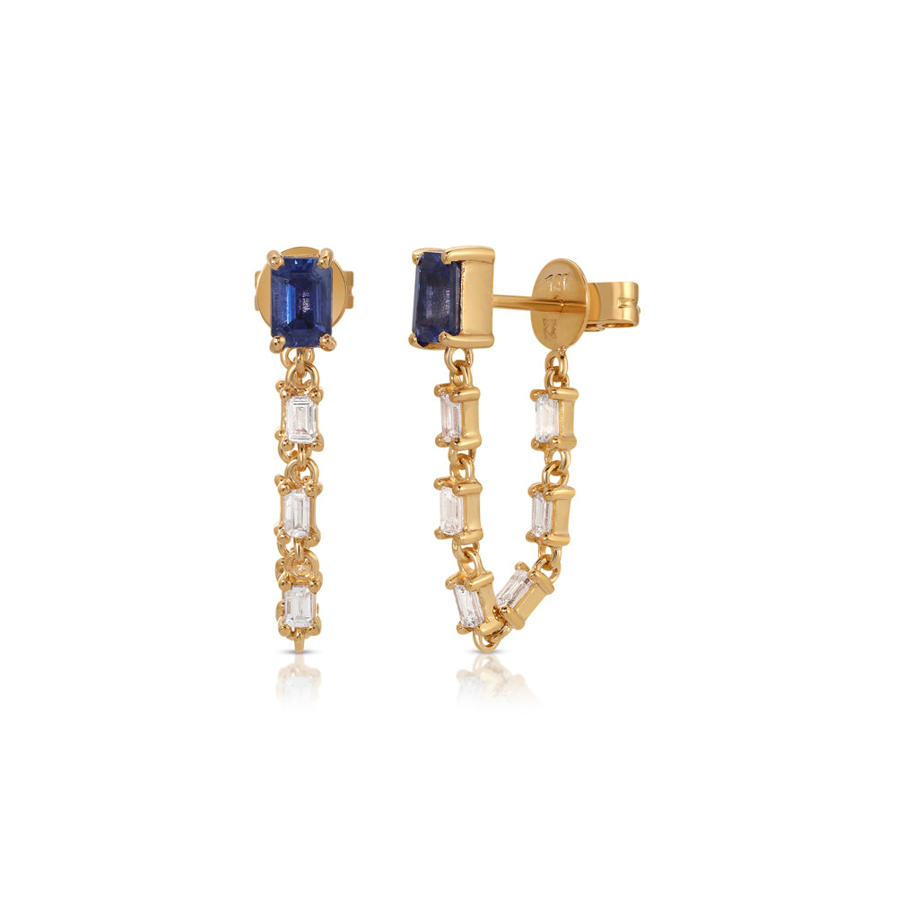 14K Rose Gold Emerald cut Sapphire Studs with Baguette Diamond Chain Wrap