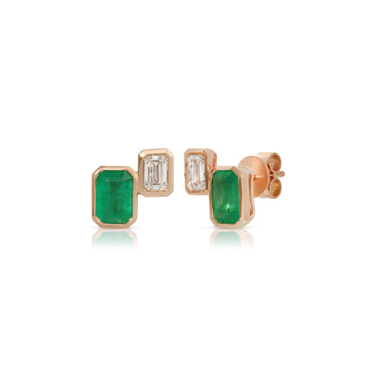 14K Rose Gold Emerald Cut Emerald and Diamond Double Stud