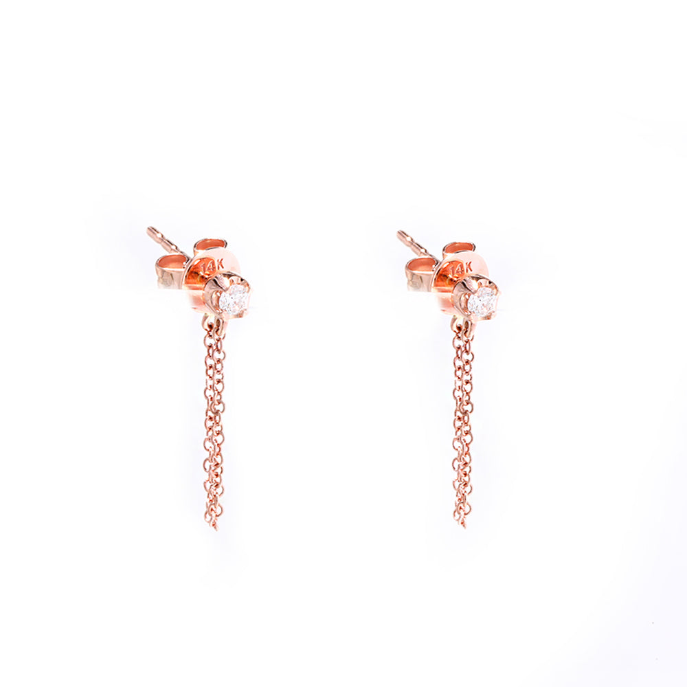 14K Rose Gold Diamond Stud and Diamond Chain Earring