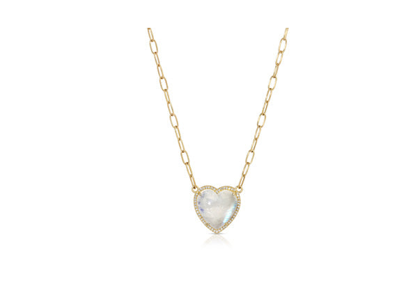 14K Yellow Gold Paperclip Chain Necklace with Moonstone and Diamond Pave Heart