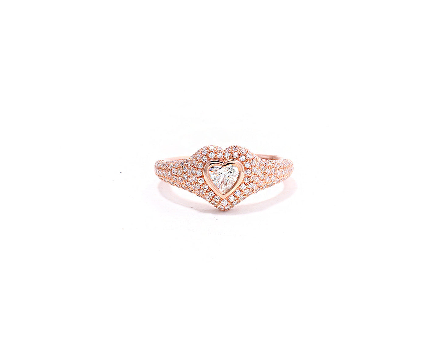 14k Rose Gold Diamond Pave and Diamond Heart Pinky Ring