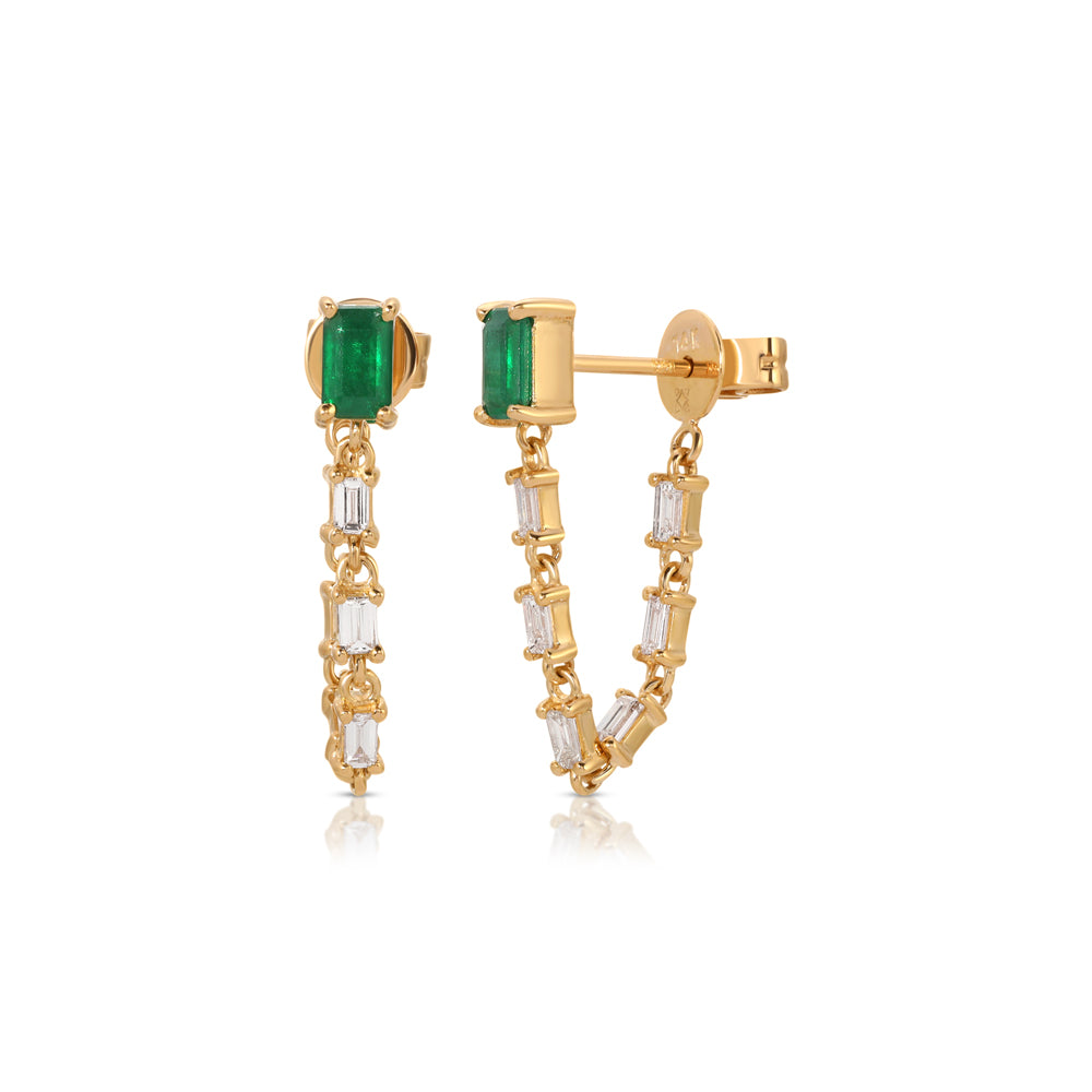 14K Rose Gold Emerald Studs with Baguette diamond chain wrap