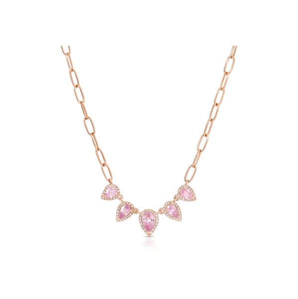 14K Rose Gold Multiple Pink Sapphire and Diamond Pear Shape Chain Link Necklace