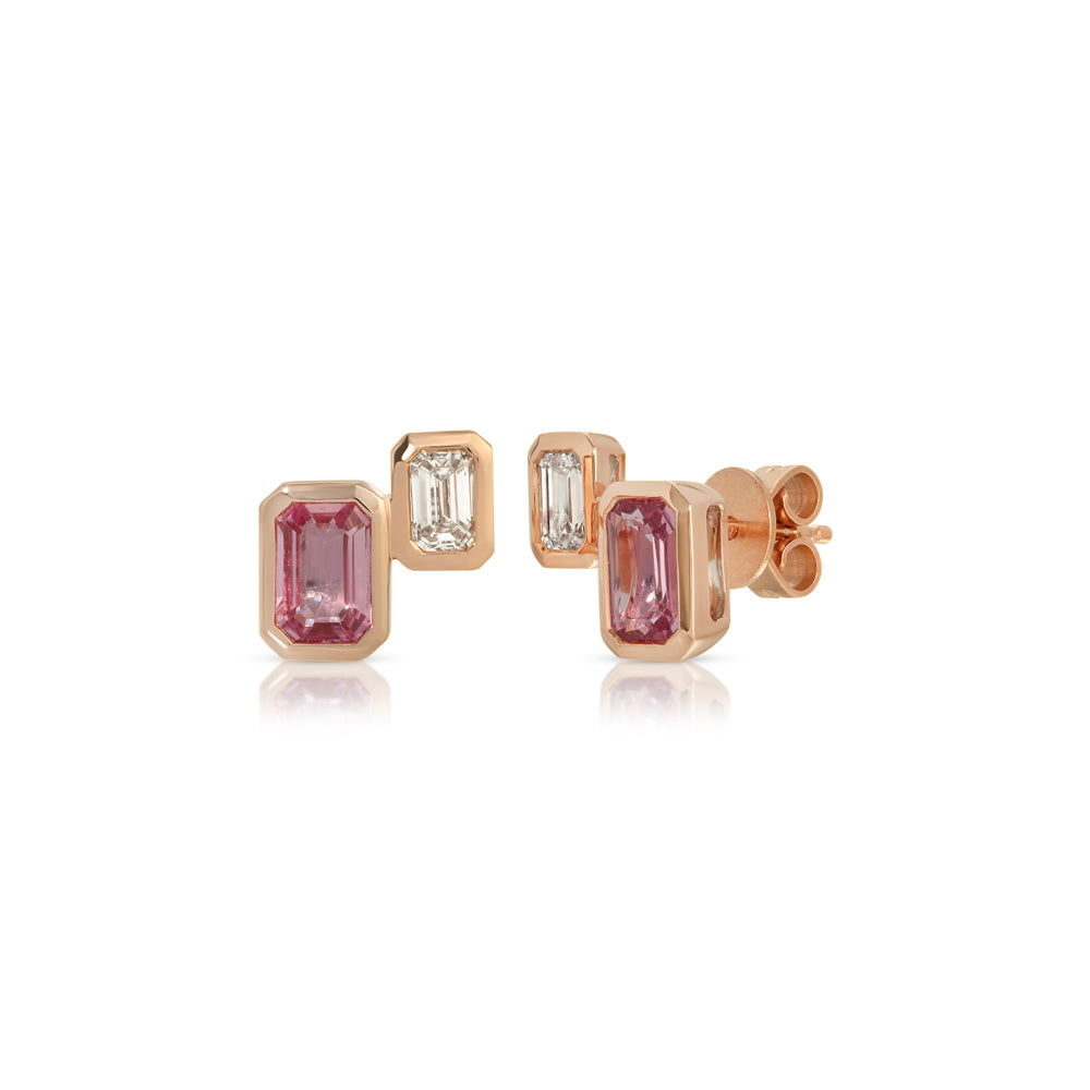 14K Emerald Cut Pink Sapphire and Diamond Double Stud