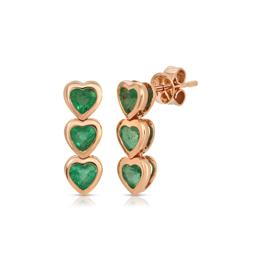 14K Rose Gold Triple Emerald Heart Drop Earrings