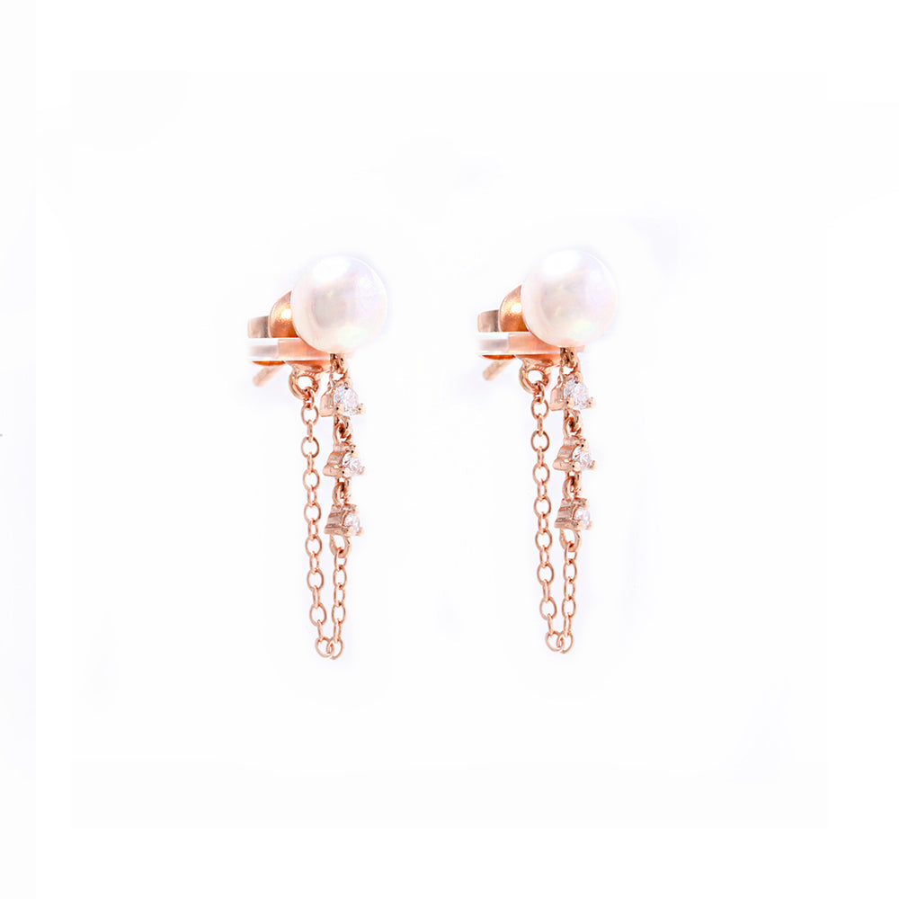 14K Rose Gold Pearl Stud and Diamond Chain Earring