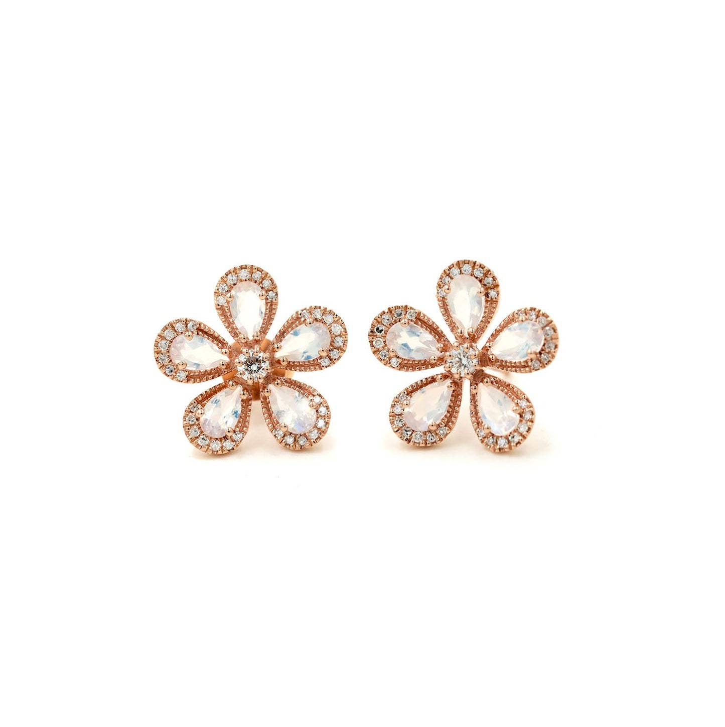 14KT Rose Gold Moonstone And Diamond Flower Stud Earrings