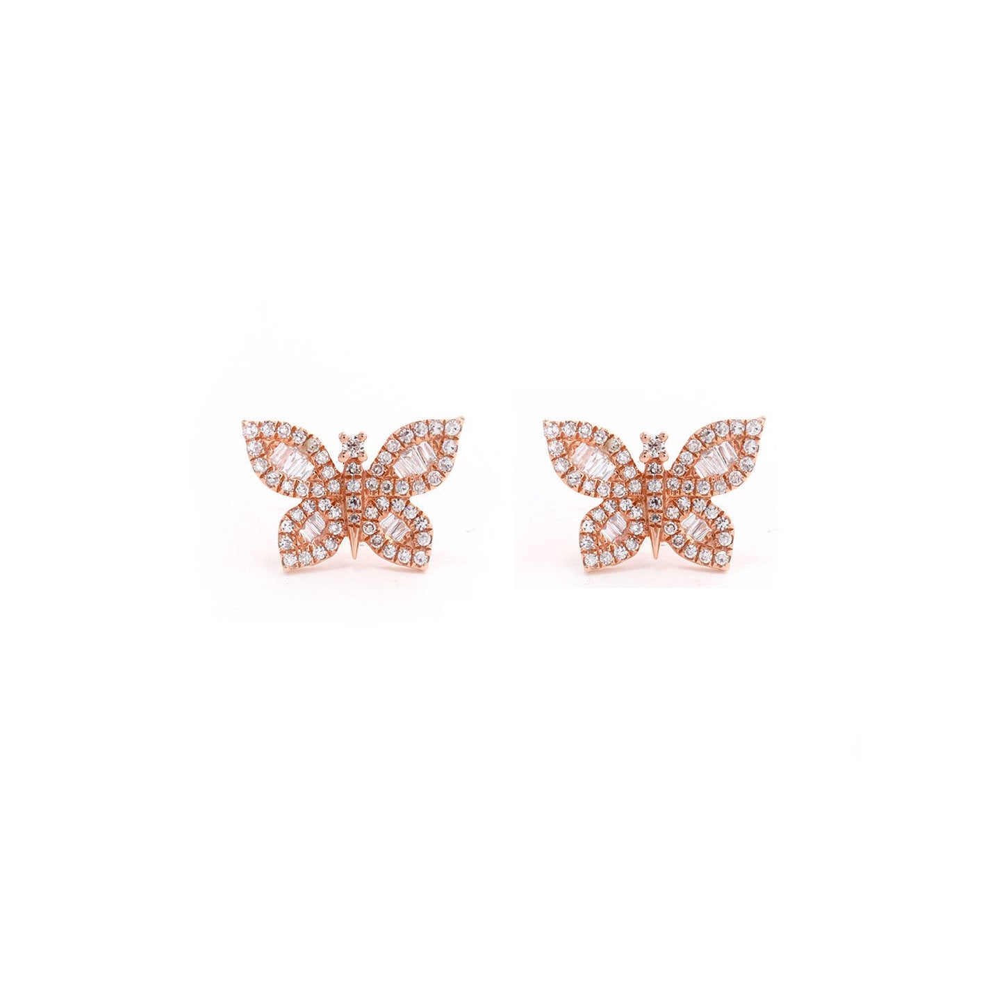 14k Rose Gold Diamond Pave and Diamond Baguette Butterfly Earrings