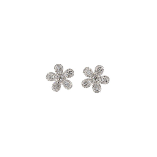 14KT White Gold Diamond Pave and Diamond Baguette Flower Studs