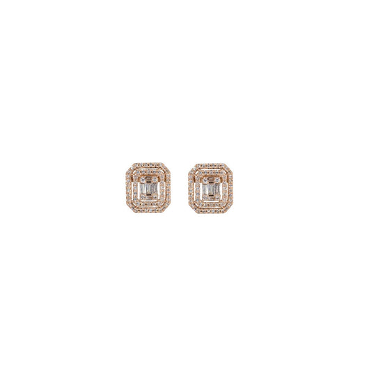 14KT Rose Gold Diamond Pave and Diamond Baguette Emerald Shape Studs