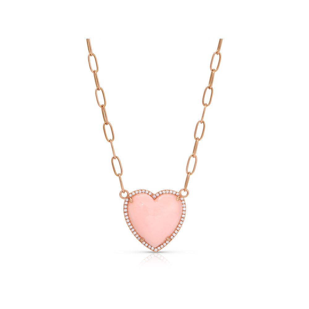 14K Rose Gold Diamond Pave and Pink Opal Heart on Paperclip Chain
