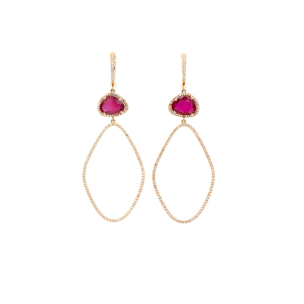 14k Rose Gold Diamond Pave and Ruby Slice Open Organic Earrings