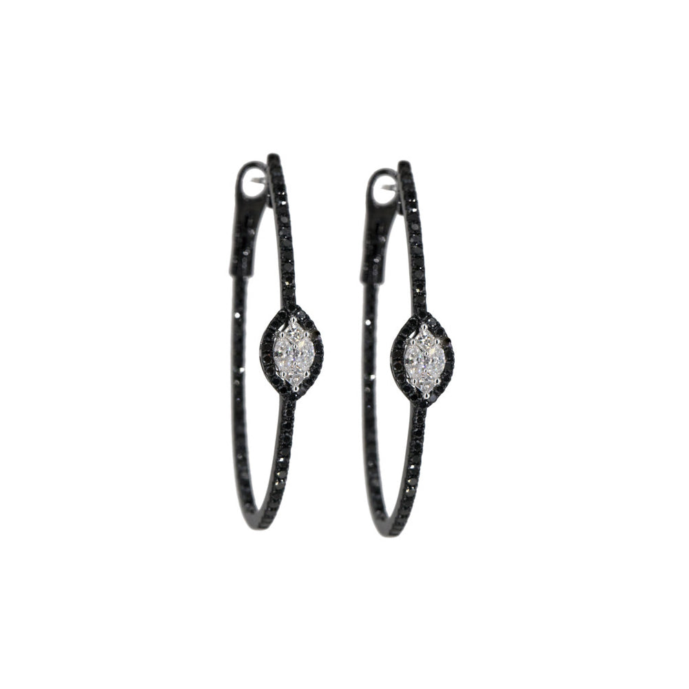 18KT Black Gold Black Diamond Oval Hoops with Marquis Shape Diamond Center