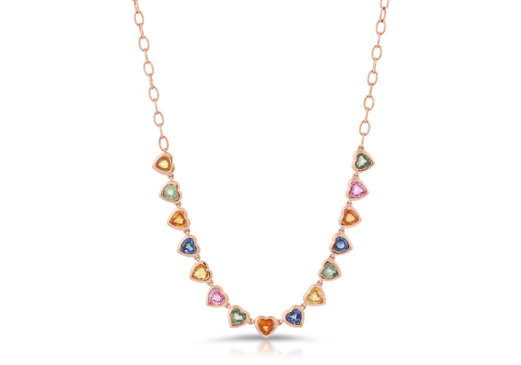 14K Rose Gold Rainbow Sapphire Heart Necklace