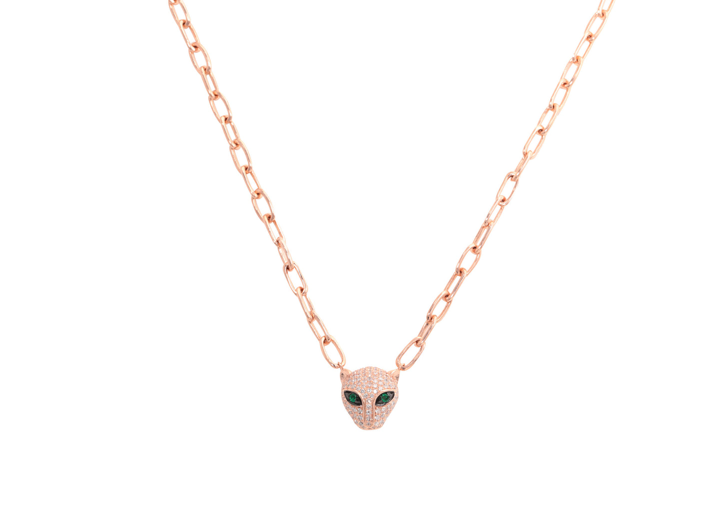14K Rose Gold Chain Link Diamond Pave and Emerald Panther Necklace