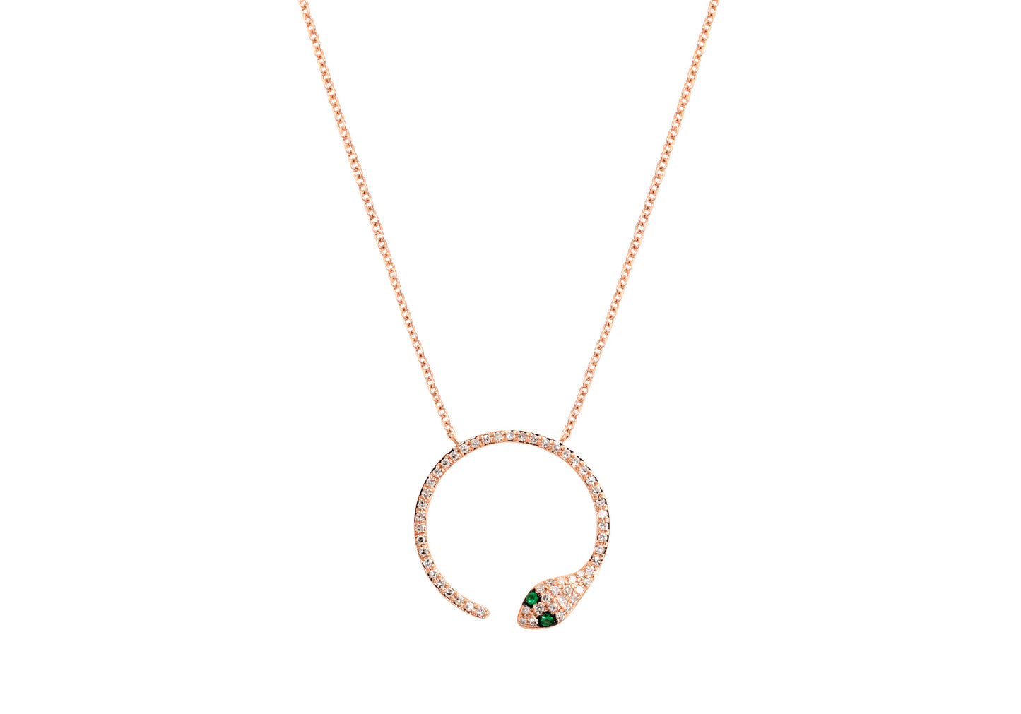 14K Rose Gold Diamond Pave and Emerald Circular Snake Necklace