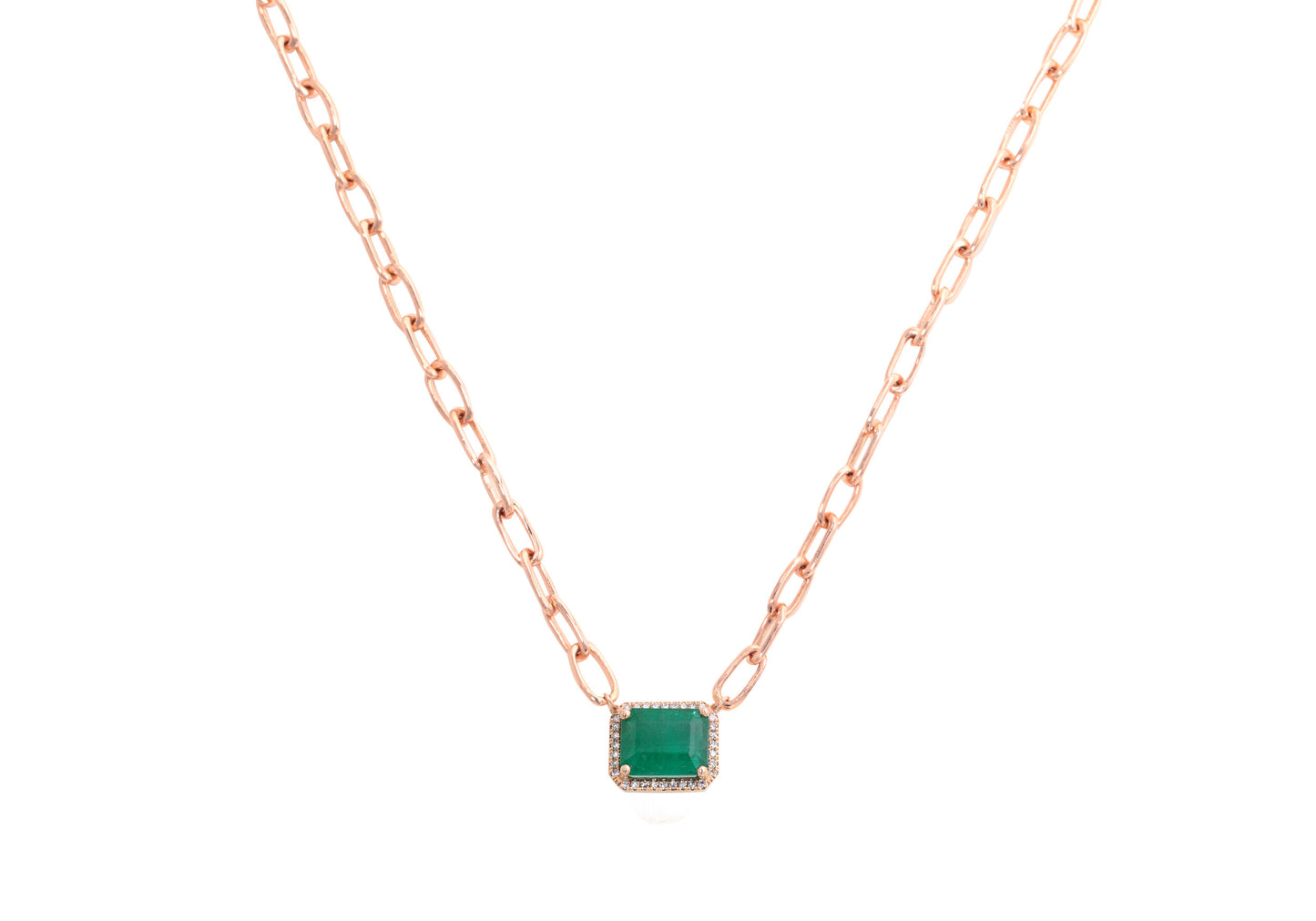 14K Rose Gold Chain Link, Emerald &amp; Diamond Pave Necklace