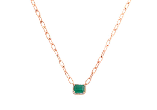 14K Rose Gold Chain Link, Emerald and  Diamond Pave Necklace