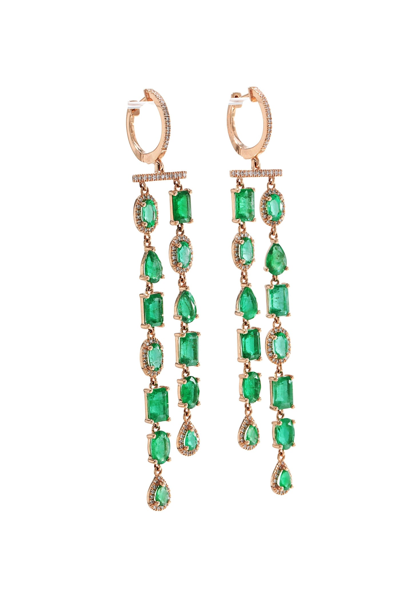 14k Gold, Diamond &amp; Emerald Double Row Earrings